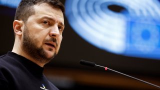 Ukraine’s president Volodymyr Zelenskyy delivers a speech at the start of a summit at EU parliament in Brussels, on February 9, 2023.