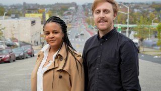 Co-founder of Baltimore Beat Lisa Snowden-McCray, left, and Adam Holofcener of the Lillian Holofcener Charitable Foundation, photographed in Baltimore, in October 2022.