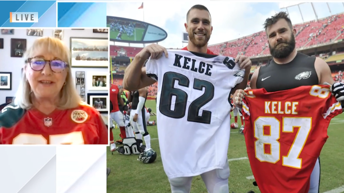 Jersey worn by Donna Kelce during Super Bowl LVII enshrined in Pro