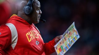 Kansas City Chiefs offensive coordinator Eric Bieniemy works on the sideline in the second half during a game between the Kansas City Chiefs and the Denver Broncos at Empower Field at Mile High on December 11, 2022 in Denver, Colorado. (Photo by Dustin Bradford/Icon Sportswire via Getty Images)
