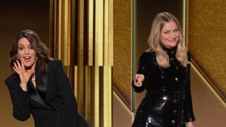 UNSPECIFIED: 78th Annual GOLDEN GLOBE AWARDS — Pictured in this screengrab released on February 28, (l-r) Co-hosts Tina Fey and Amy Poehler speak onstage at the 78th Annual Golden Globe Awards broadcast on February 28, 2021. — (Photo by NBC/NBCU Photo Bank via Getty Images)