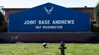 FILE - The sign for Joint Base Andrews is seen, March 26, 2021, at Andrews Air Force Base, Md.