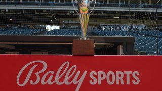 The Ohio Cup Trophy on top of a Bally Sports logo prior to a game between the Cincinnati Reds and Cleveland Guardians at Progressive Field on May 17, 2022 in Cleveland, Ohio.