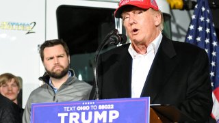 Former U.S. President Donald Trump speaks about the recent derailment of a train carrying hazardous waste, during an event at a fire station in East Palestine, Ohio, February 22, 2023.