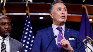 Chairman Mark Takano, of the House Committee on Veterans Affairs (D-Calif.), speaks alongside members of the Congressional Delegation at a press conference in the U.S. Capitol Building on Aug. 10, 2022, in Washington, D.C.