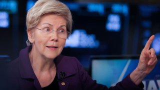 U.S. Senator Elizabeth Warren (D-MA) is interviewed on the trading floor at the New York Stock Exchange (NYSE) in New York City, U.S., March 31, 2023.