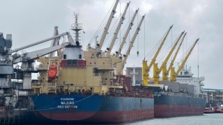 FILE – The Eaubonne bulk carrier ship docks in the port of Mombasa, Kenya Saturday, Nov. 26, 2022.