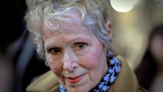 FILE - E. Jean Carroll talks to reporters outside a courthouse in New York, March 4, 2020.
