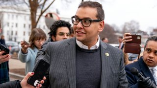 FILE - Rep. George Santos, R-N.Y., leaves a House GOP conference meeting on Capitol Hill, in Washington, Jan. 25, 2023.