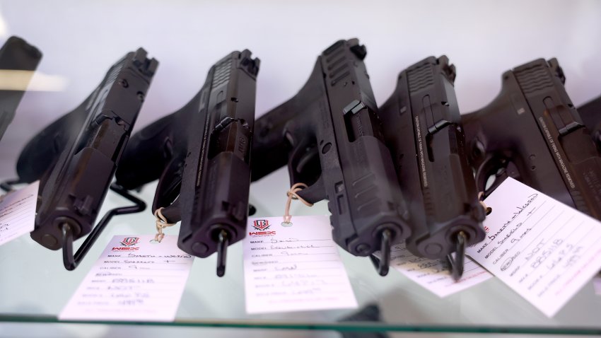 Handguns for sale at the WEX Gunworks store on Jan. 31, 2023, in Delray Beach, Florida.