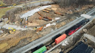 General view of the site of the derailment of a train carrying hazardous waste, in East Palestine, Ohio, U.S., March 2, 2023. 