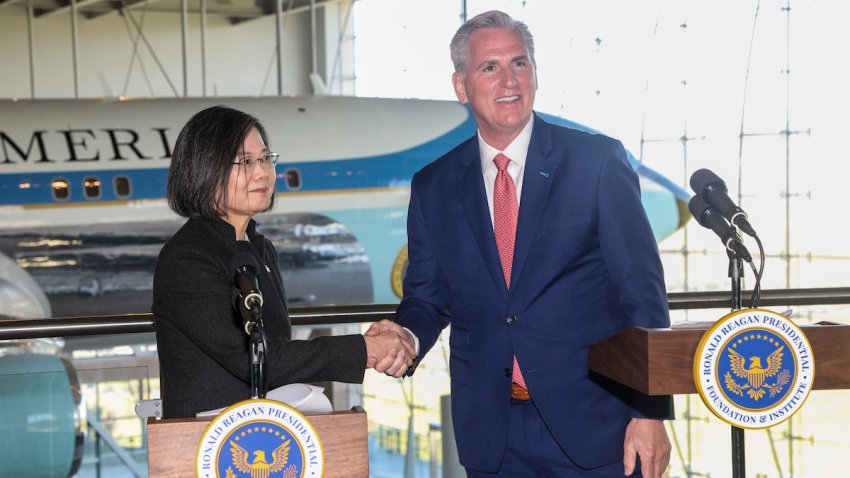 House Speaker Kevin McCarthy, R-Calif., right, shakes hands with Taiwanese President Tsai Ing-wen after delivering statements to the press after a Bipartisan Leadership Meeting at the Ronald Reagan Presidential Library in Simi Valley, Calif., Wednesday, April 5, 2023.