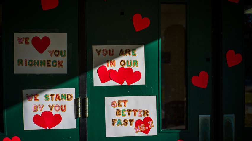 FILE - Messages of support for teacher Abby Zwerner, who was shot by a 6-year-old student, grace the front door of Richneck Elementary School Newport News, Va., on Jan. 9, 2023.