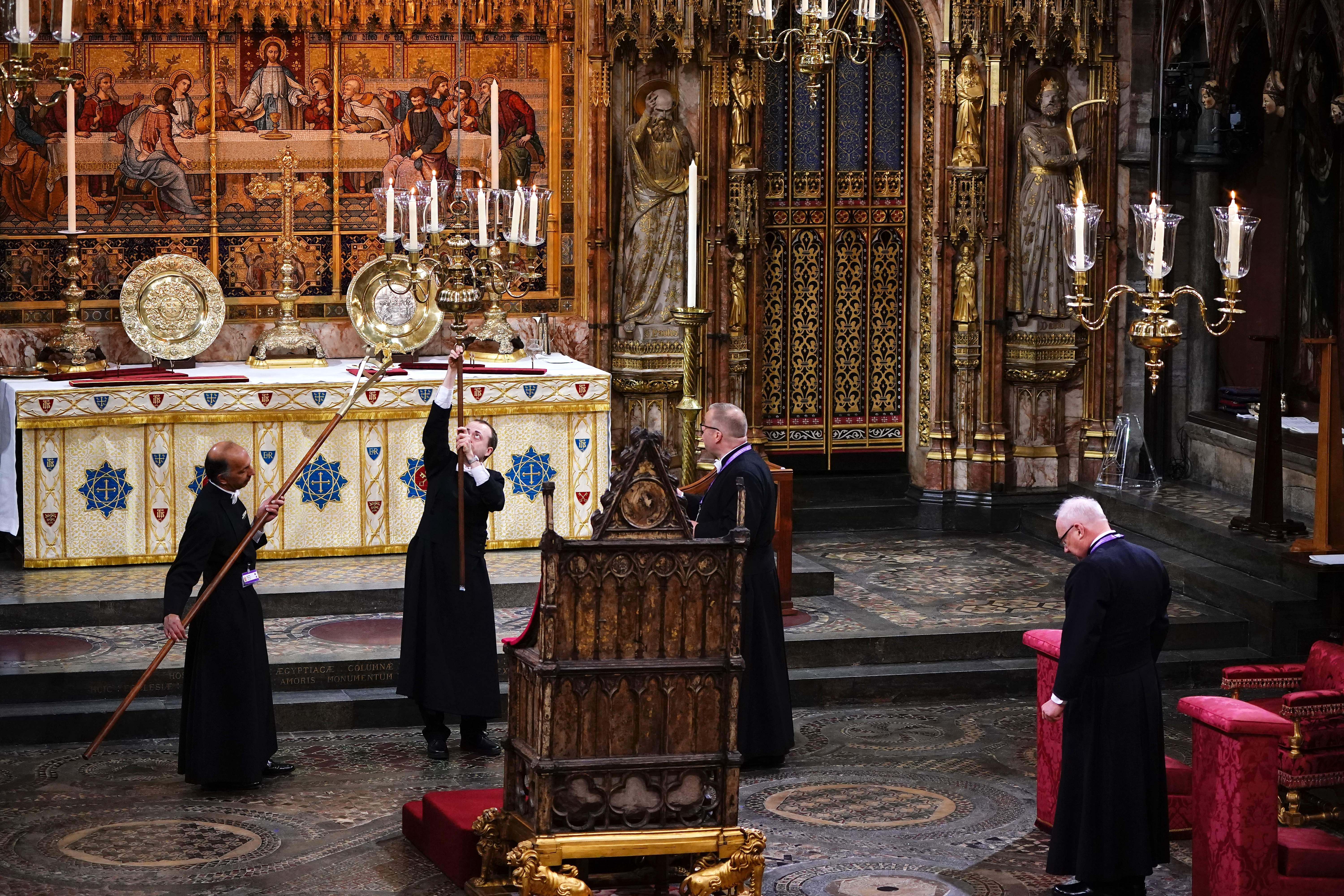 A view of preparations at Westminster Abbey in central London on May 6, 2023, ahead of the coronations of Britain’s King Charles III and Britain’s Camilla, Queen Consort.