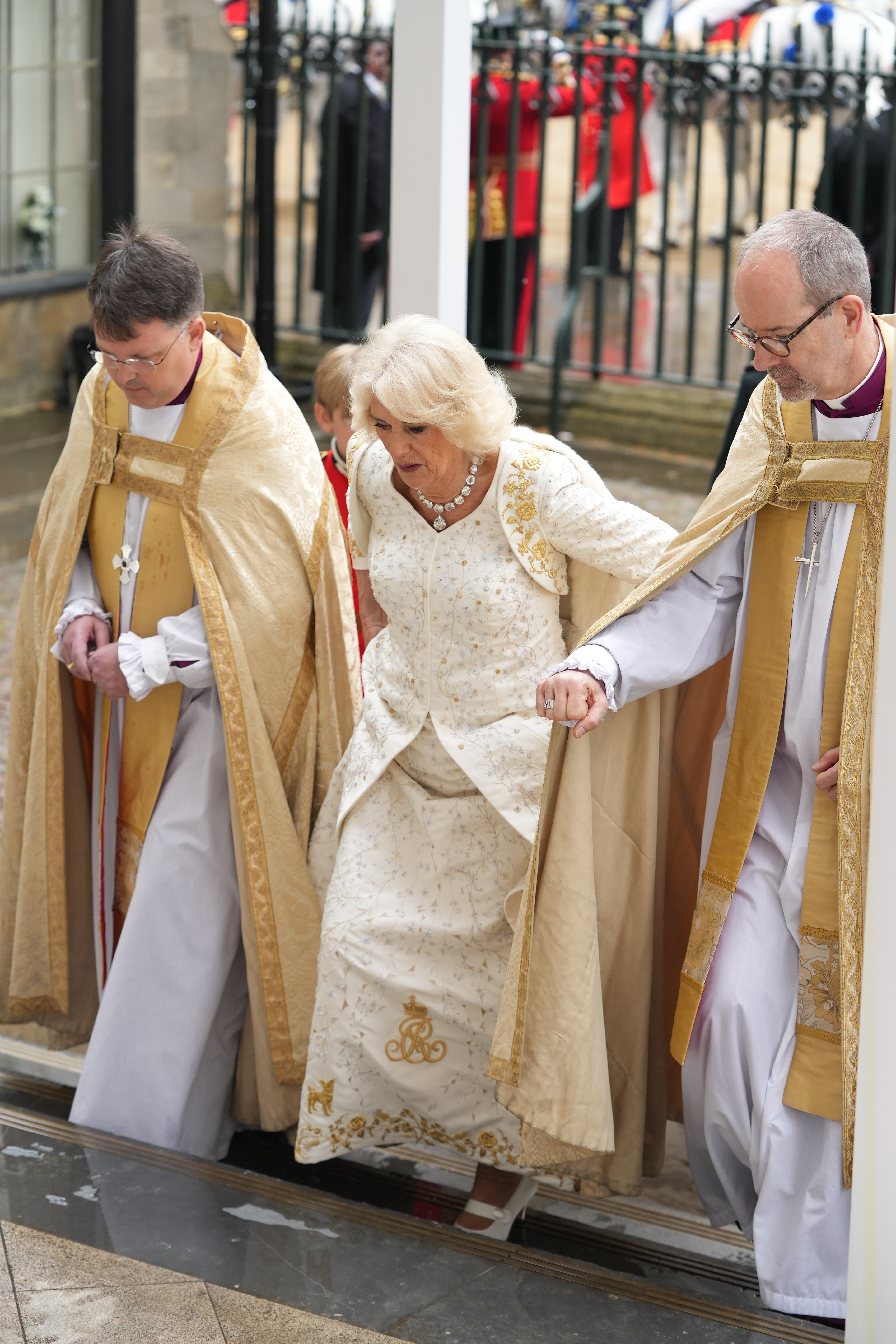 Camilla, Queen Consort, arrives ahead of the Coronation of King Charles III and herself on May 6, 2023 in London, England.