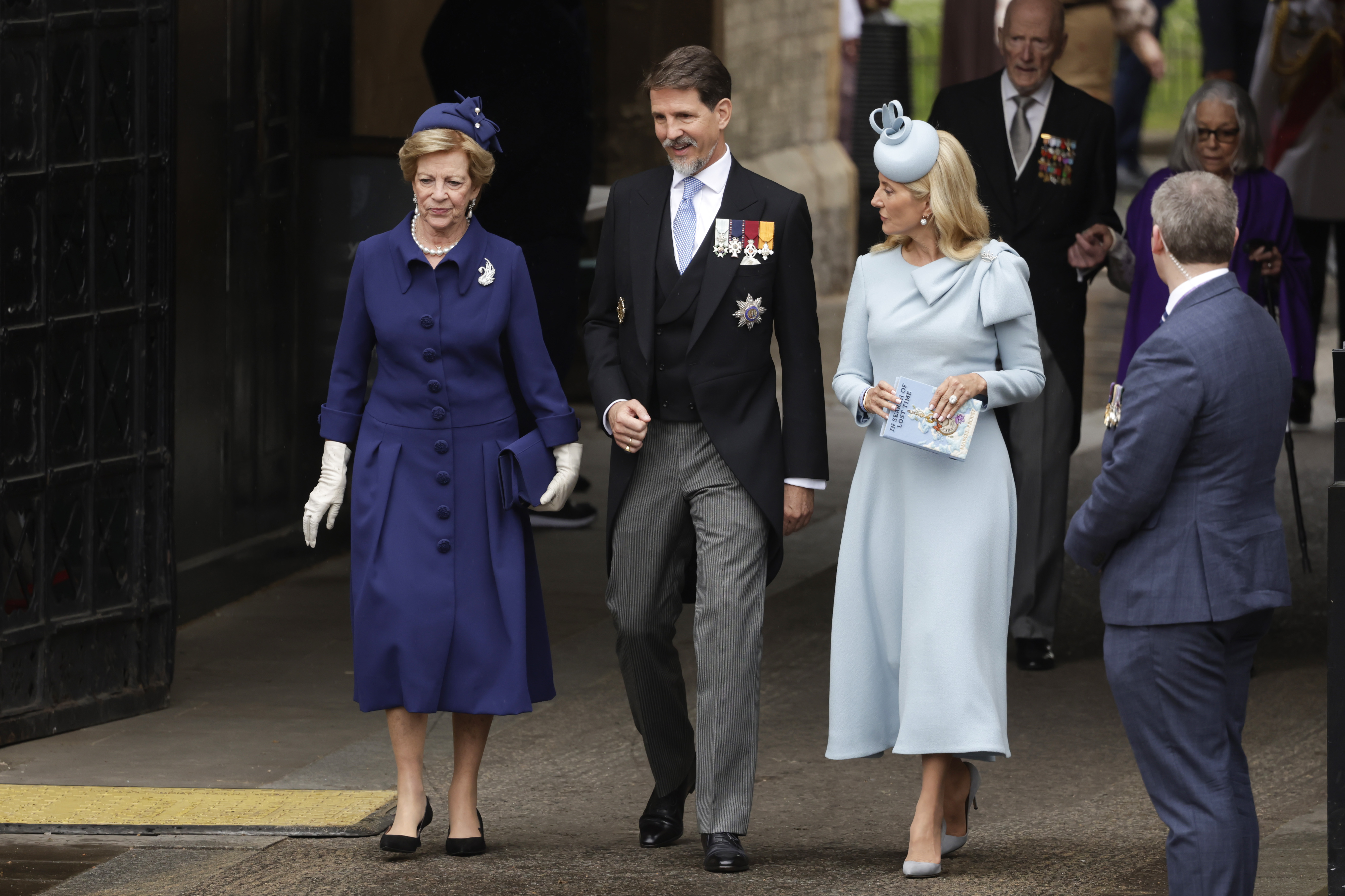 From left: Queen Anne-Marie, Pavlos, Crown Prince of Greece and Marie-Chantal, Crown Princess of Greece attend the Coronation of King Charles III and Queen Camilla on May 6, 2023 in London, England.