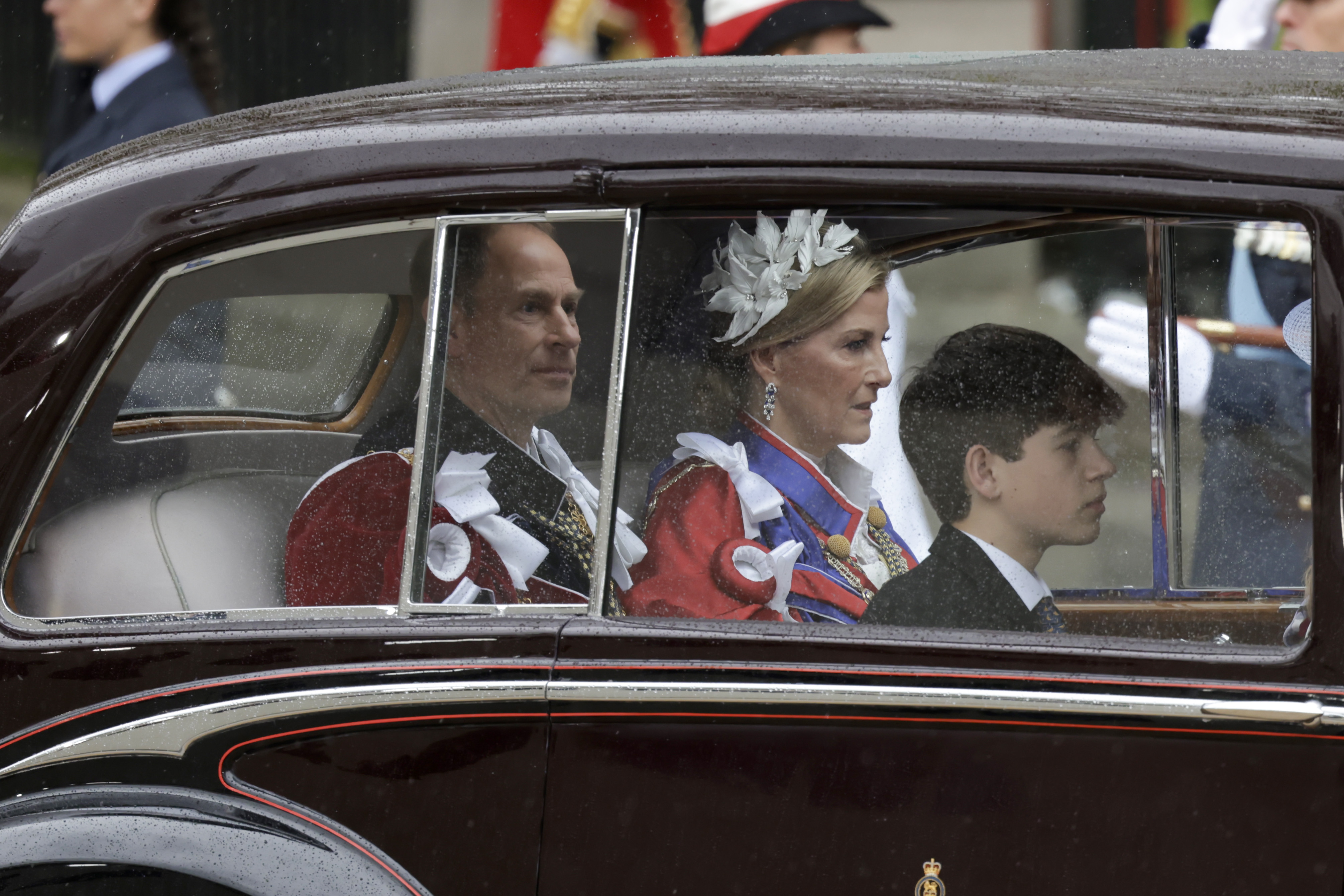 Prince Edward, Duke of Edinburgh, Sophie, Duchess of Edinburgh and James Mountbatten-Windsor, Earl of Wessex attend the Coronation of King Charles III and Queen Camilla on May 6, 2023 in London, England.