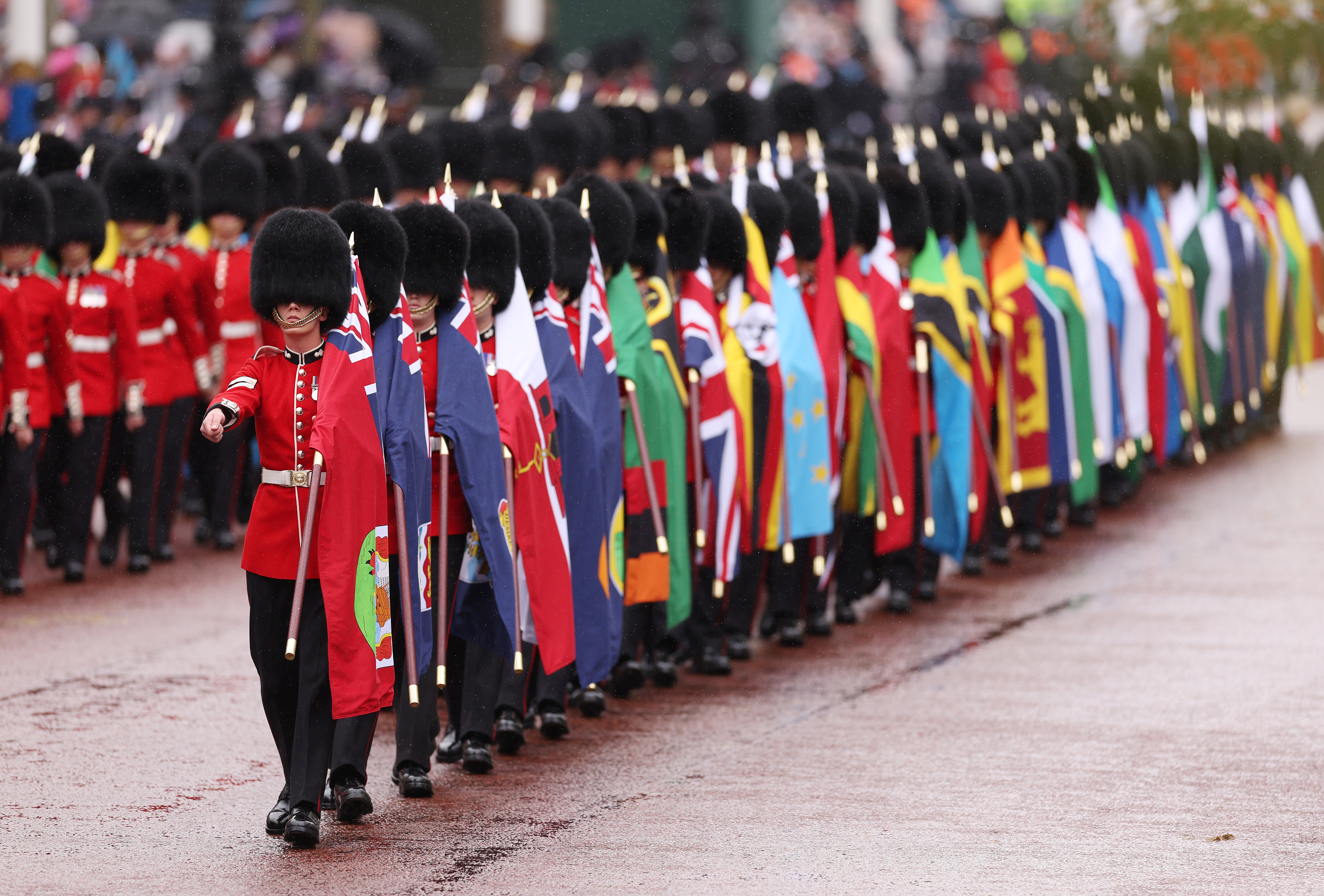 Flag bearers during the Coronation of King Charles III and Camilla, Queen Consort, on May 6, 2023 in London, England.