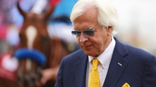 Trainer Bob Baffert looks on after winning The Sir Barton Stakes with jockey John Velazquez (not pictured) and horse Arabian Lion ahead of the 148th Running of the Preakness Stakes at Pimlico Race Course on May 20, 2023 in Baltimore, Maryland.