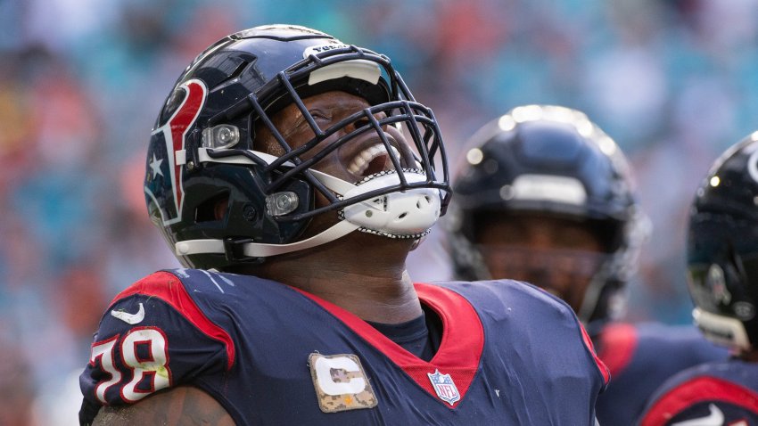 Houston Texans offensive tackle Laremy Tunsil yells after the Texans failed to score on a two-point conversion attempt in the second half of a game against the Miami Dolphins.