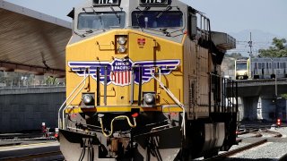 A GE AC4400CW diesel-electric locomotive in Union Pacific livery is seen near Union Station in Los Angeles, California, September 15, 2022.
