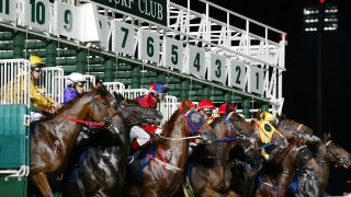 Jockeys on horseback dashing from the starting point of a race at the Singapore Airlines International Cup at the Singapore Turf Club on 11 May 2002