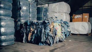 A bale of discarded jeans at Renewcell’s pulp mill in Sweden.