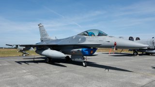 An F-16 fighter plane is pictured at Jagel airbase during a media event prior to the Air Defender 2023 military exercises on June 9, 2023 in Jagel, Germany.