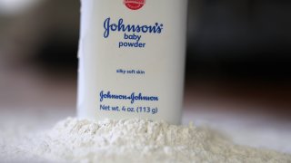 In this photo illustration, a container of Johnson and Johnson baby powder is displayed on April 05, 2023 in San Anselmo, California. 