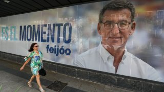 A banner showing an image depicting Alberto Nuñez Feijoo, leader of the PP Party. Voters in Spain head to the polls on July 23 to cast their votes and elect Spain’s next government.
