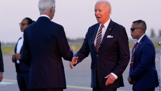 President Joe Biden greets U.S. Ambassador to Finland Douglas Hickey as he arrives on Air Force One at Helsinki-Vantaan International Airport in Helsinki, Finland, Wednesday, July 12, 2023. Biden attended the NATO Summit in Vilnius, Lithuania and is visiting Helsinki for a meeting with Nordic leaders.