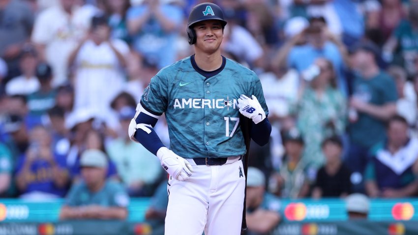 SEATTLE, WASHINGTON – JULY 11: Shohei Ohtani #17 of the Los Angeles Angels reacts during the 93rd MLB All-Star Game presented by Mastercard at T-Mobile Park on July 11, 2023 in Seattle, Washington. (Photo by Steph Chambers/Getty Images)