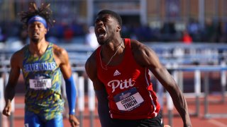 Cordell Tinch competes in the men’s 110 meter high hurdles during the 2023 Mt SAC Relays at Hilmer Lodge Stadium on April 15, 2023 in Walnut, California.