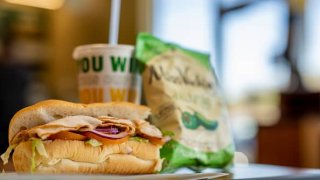 In this photo illustration, a Subway meal is seen on a table at a Subway restaurant on January 12, 2023 in Austin, Texas.