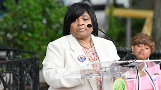 Minyon Moore speaks onstage during the dedication ceremony of the Coretta Scott King Peace and Meditation Garden and Monument at the Martin Luther King Jr. Center & National Historic Site on April 27, 2023 in Atlanta, Georgia.