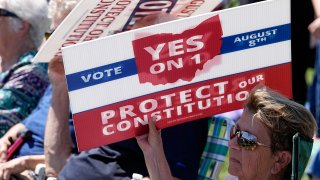 An attendee uses a sign to shield the sun during a “rosary rally” on Sunday, Aug. 6, 2023, in Norwood, Ohio.