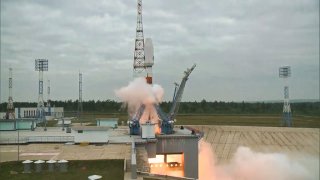 This video screenshot shows the Soyuz-2.1b rocket carrying the Luna-25 lunar station blasting off from the Vostochny Cosmodrome in the Amur Oblast of Russia’s Far East on Aug. 11, 2023.