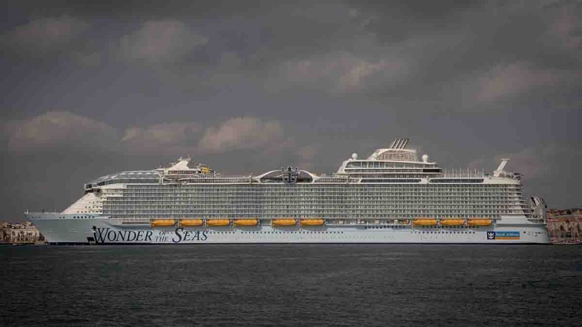 FILE - The cruise ship Wonder of the Seas, currently considered the largest in the world, is seen here docked in the Spanish port of Cartagena on Nov. 2, 2022.