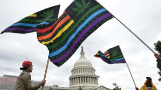 Activists from the DC Marijuana Justice (DCJM) wave flags during a rally to demand Congress to pass cannabis reform legislation on the East Lawn of the US Capitol in Washington, DC on October 8, 2019