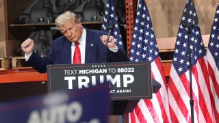 Former U.S. President Donald Trump speaks at a campaign rally at Drake Enterprises, an automotive parts manufacturer, on September 27, 2023 in Clinton Township, Michigan.