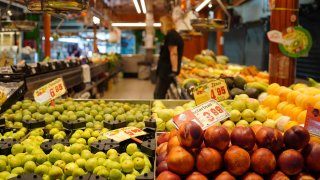 Fresh fruit on display at a produce stall inside a covered market in central Madrid, Spain, on Wednesday, Aug. 30, 2023.