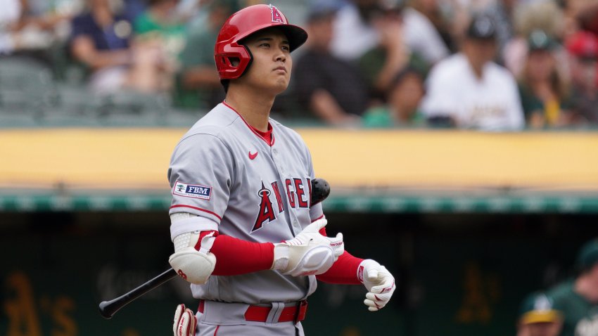 Shohei Ohtani of the Los Angeles Angels looks on during  the game between the Los Angeles Angels and the Oakland Athletics at RingCentral Coliseum on Saturday, Sept. 2, 2023 in Oakland, Calif.