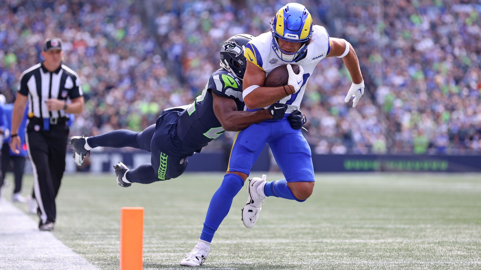 Los Angeles Rams wide receiver Puka Nacua (17) warms up before an NFL  preseason football game Saturday, Aug. 26, 2023, in Denver. (AP Photo/David  Zalubowski Stock Photo - Alamy