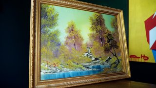 "A Walk in the Woods," the first painting Bob Ross produced for his long-running show “The Joy of Painting,” sits on display at the home of Modern Artifact owner Ryan Nelson, Sept. 19, 2023, in Wayzata, Minn.