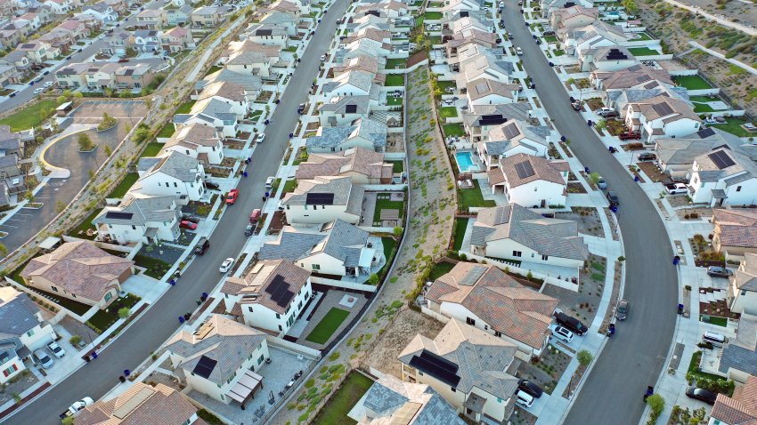 An aerial view of homes in a housing development on September 08, 2023 in Santa Clarita, California.