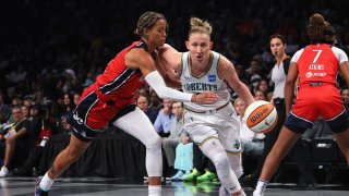 Courtney Vandersloot #22 of the New York Liberty drives against the Washington Mystics during Game Two of Round One of the 2023 Playoffs at the Barclays Center on September 19, 2023 in the Brooklyn borough of New York City. (Photo by Bruce Bennett/Getty Images)