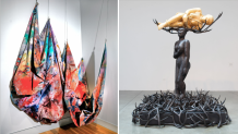 Left: Sam Gilliam, Swing, 1969, acrylic and aluminum on canvas, 119 5⁄8 x 283 1⁄2 in. (303.8 x 720.1 
cm), Smithsonian American Art Museum, Gift of Mr. Edwin Janss, Jr., 197. Right: Alison Saar, Rouse, 2012, wood, bronze, paper, antler sheds, and stamped ceiling tin, dimensions 
variable, Smithsonian American Art Museum, Museum purchase through the American Women’s 
History Initiative Acquisitions Pool, administered by the Smithsonian American Women’s History 
Initiative, 2022.32A-C, © 2012, Alison Saar. Courtesy of L.A. Louver.