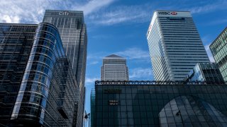 One Canada Square, at the heart of Canary Wharf financial district seen standing between the Citibank building and HSBC building on 14th October 2022 in London, United Kingdom.