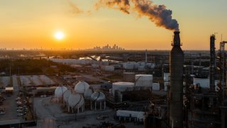 In an aerial view, the Valero Houston refinery seen on August 28, 2023 in Houston, Texas.