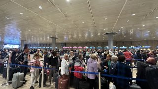 People wait in departing section at Ben Gurion Airport, Israel’s only international airport, after many flights from abroad are cancelled due to the attacks launched by Palestinian factions in Tel Aviv, Israel on October 8, 2023.